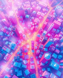 A vibrant and dreamy abstract city map, viewed from a top-down perspective, composed of geometric shapes. The artwork feature
