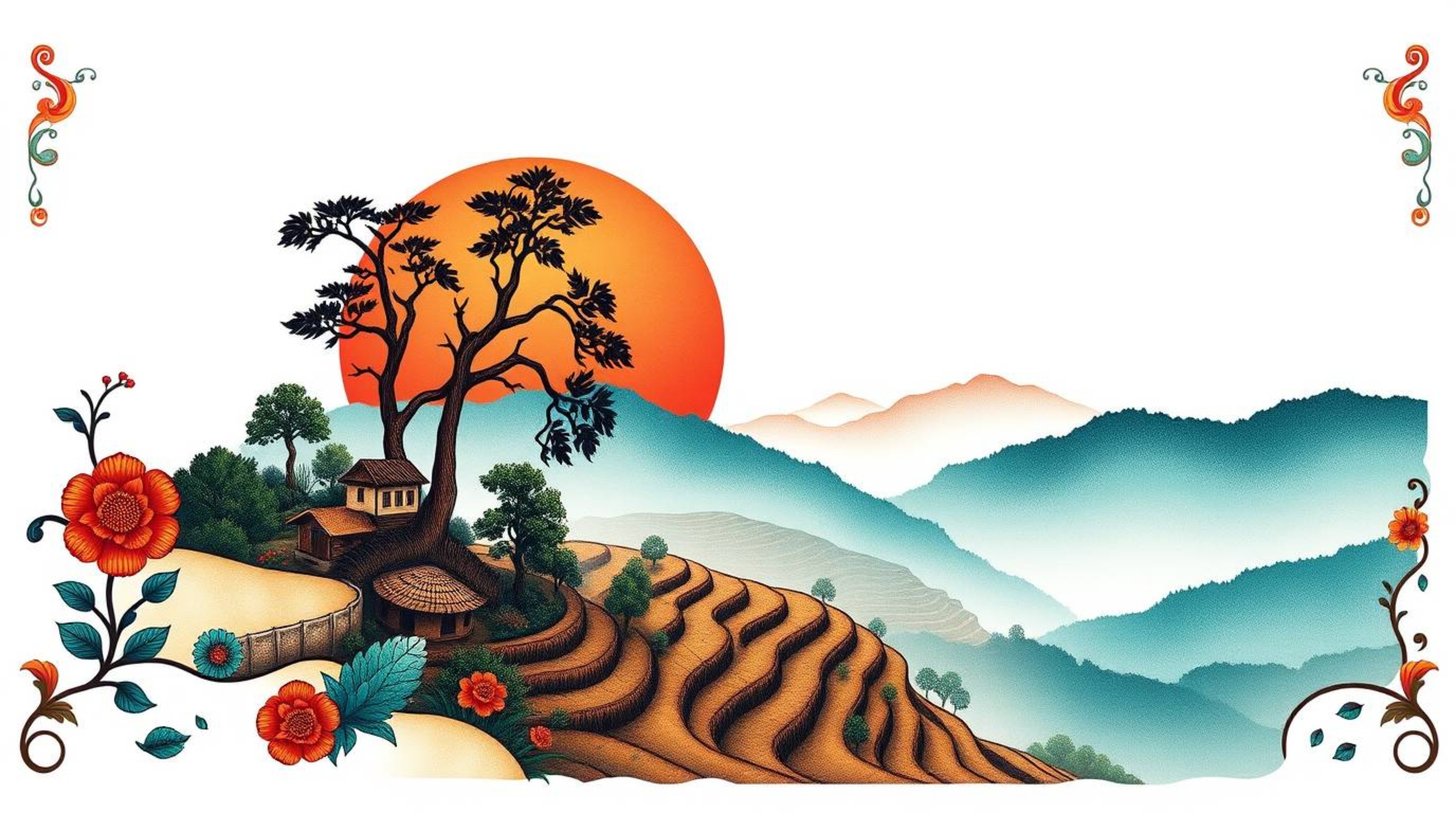 This traditional tattoo art print showcases a breathtaking sunset over lush rice terraces nestled in the mountains. The earth