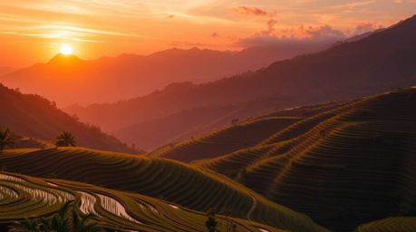 A stunning high-resolution stock photo captures a dramatic cinematic sunset over breathtaking rice terraces nestled in the mo