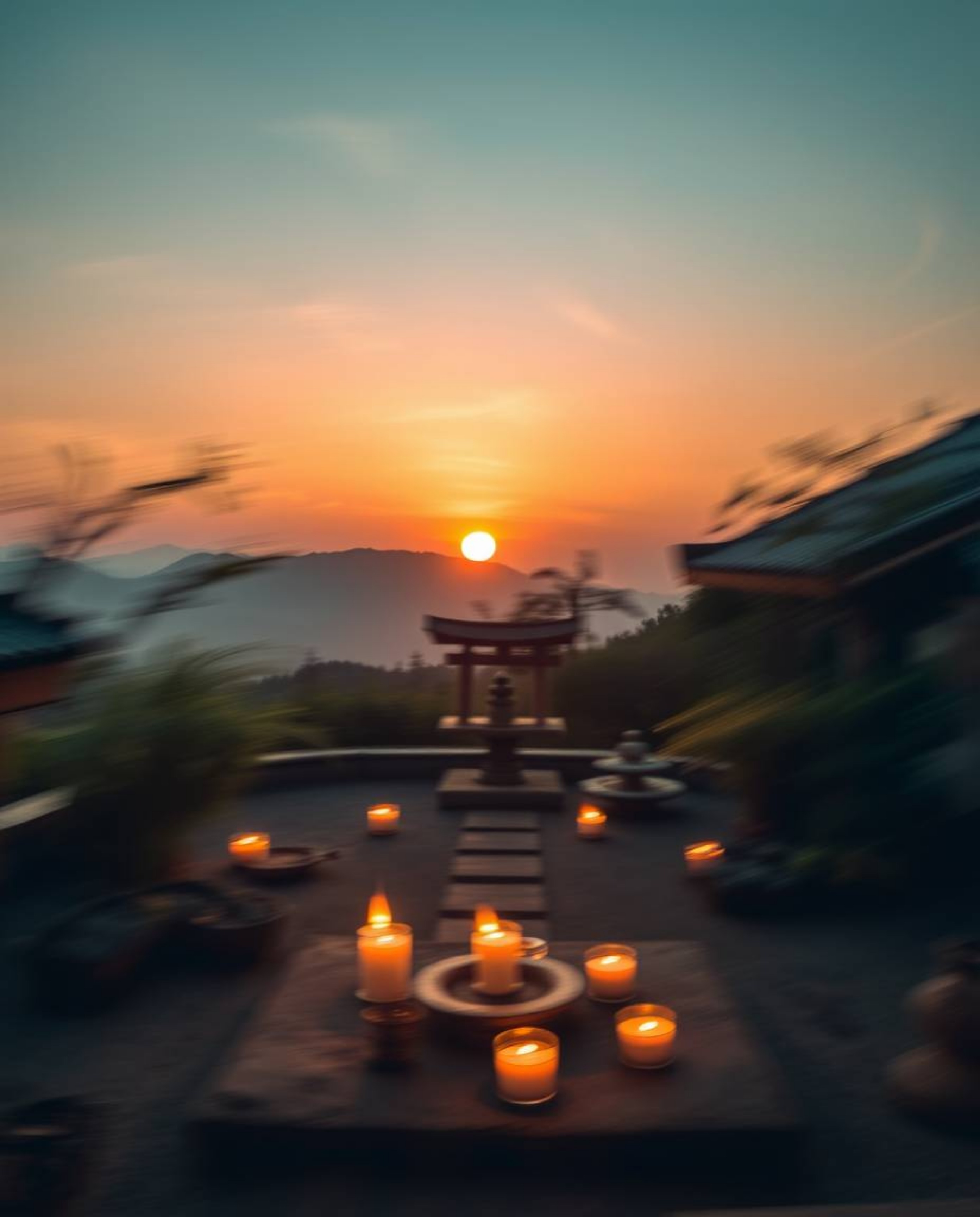 Experience a serene Zen garden at sunset, captured with dynamic motion blur that suggests energetic action poses within the t