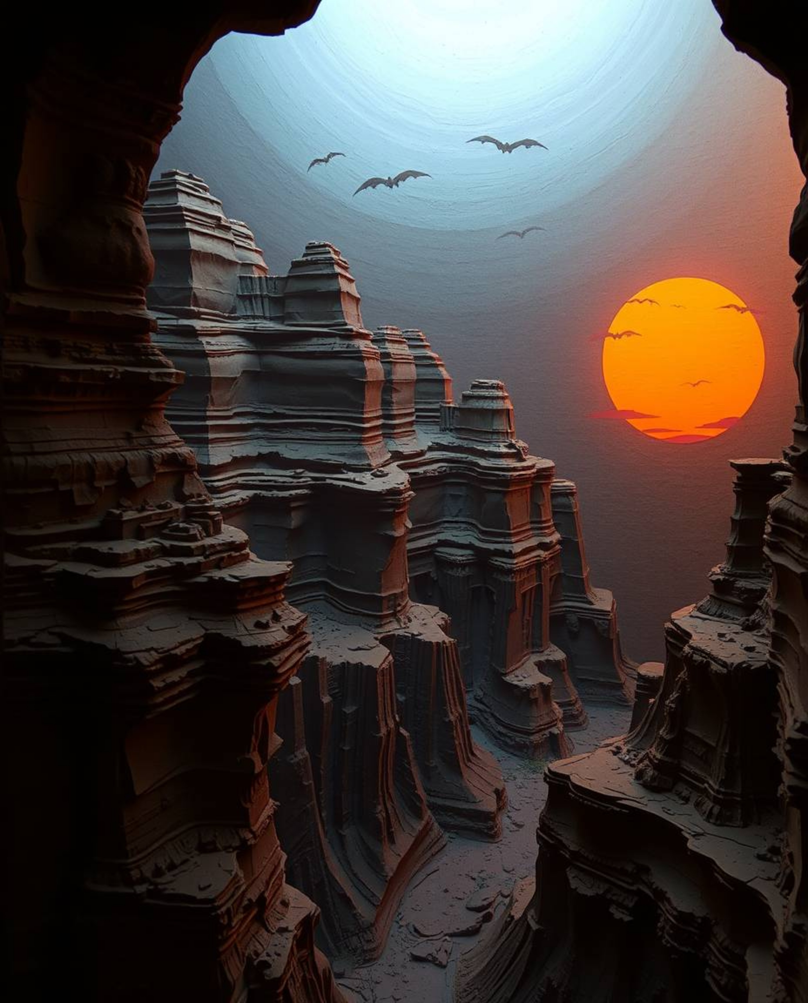 An eerie, creepy atmosphere is rendered in layered papier-mâché, depicting a sunset illuminating sandstone cliffs in a canyon