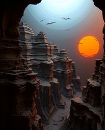 An eerie, creepy atmosphere is rendered in layered papier-mâché, depicting a sunset illuminating sandstone cliffs in a canyon