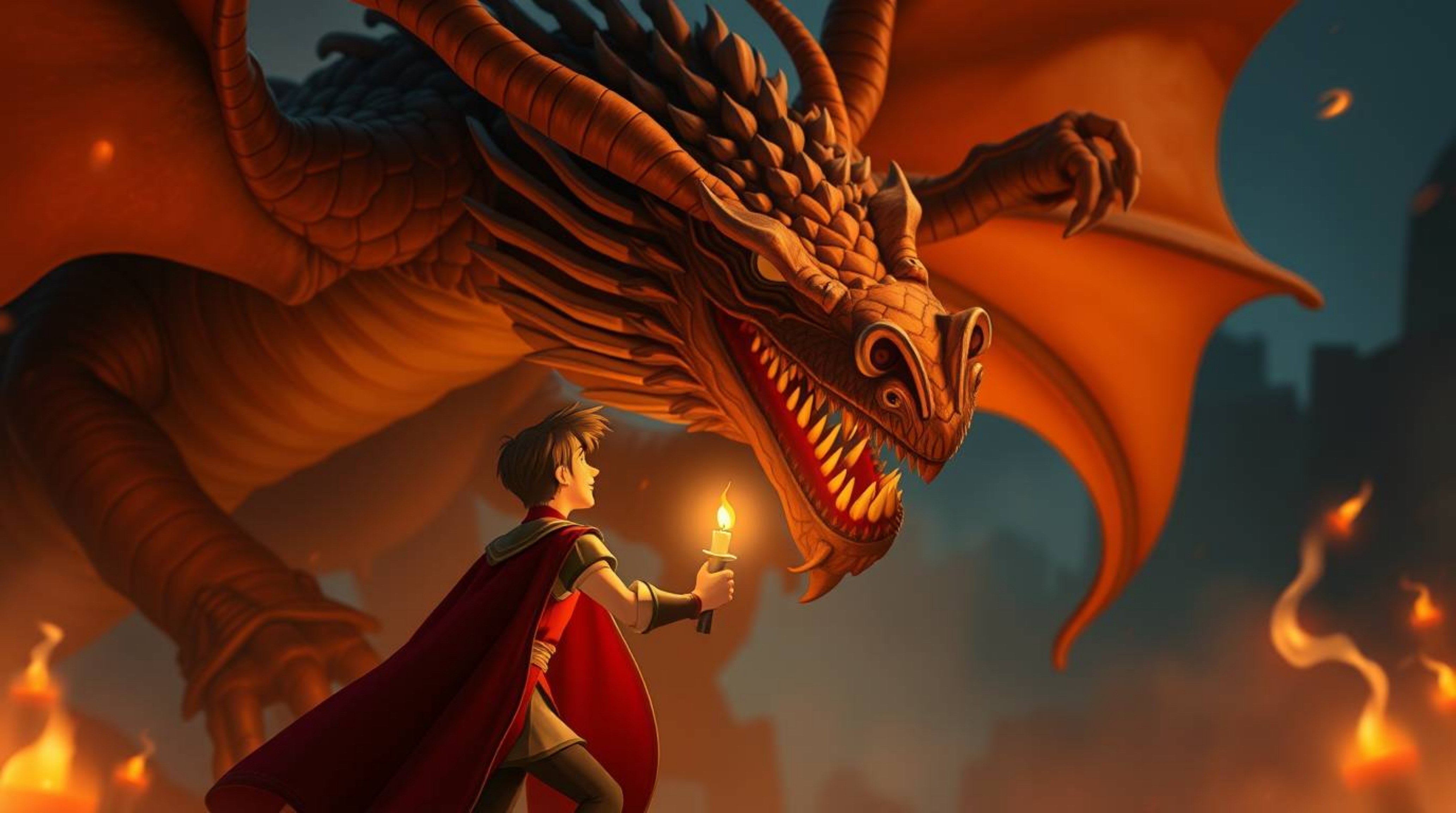 Witness a charming prince in a heroic stance, battling a massive dragon in a stunning 1950s animation style. The scene is bat