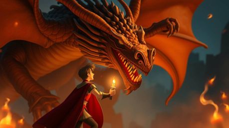 Witness a charming prince in a heroic stance, battling a massive dragon in a stunning 1950s animation style. The scene is bat