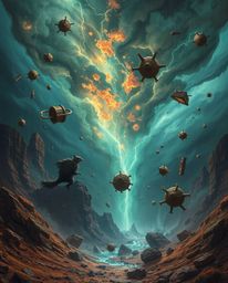 Experience a surreal storm featuring flying objects and broken gravity, rendered in glowing bioluminescent colors and natural