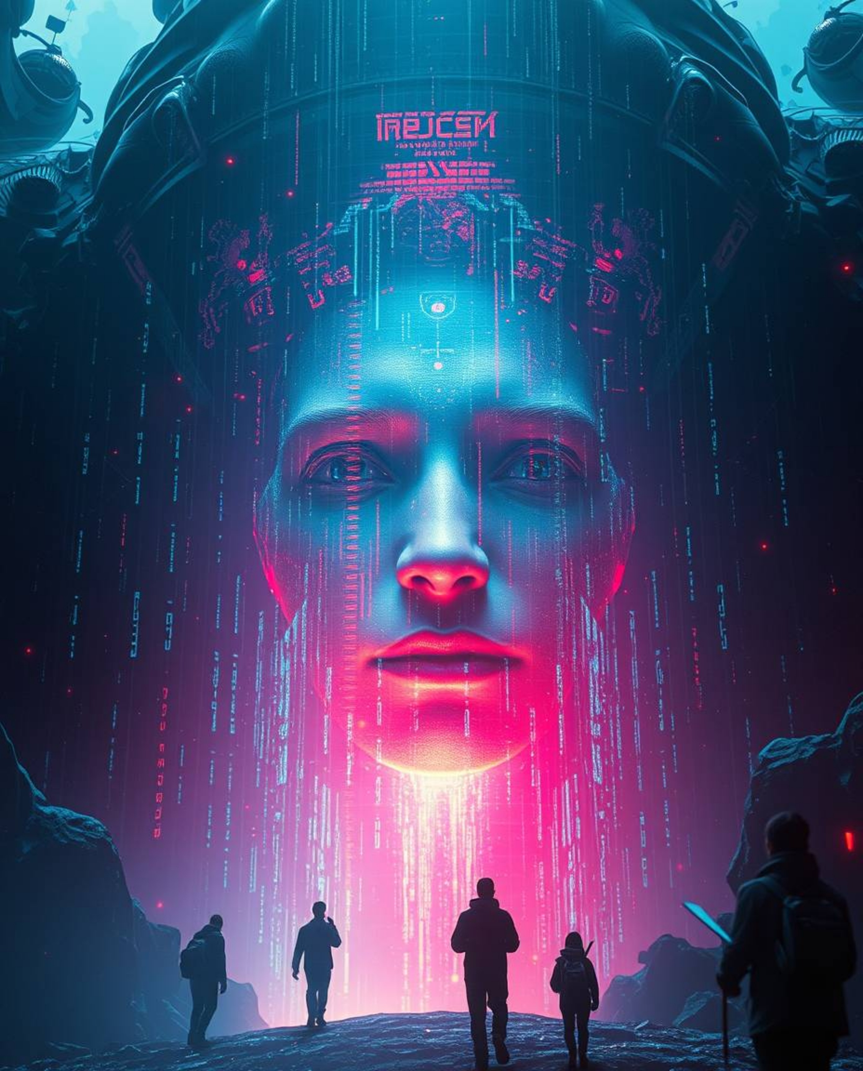 Witness an epic scene where a human face digitally glitches into a mesmerizing data stream, bathed in lens glow lighting and 