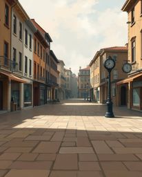 A captivating digital painting depicts an empty town square bathed in natural earth tones. Muted browns and beiges create a s