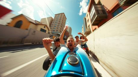 Experience a bright and vibrant chase scene from a high angle perspective, featuring exaggerated squash and stretch animation
