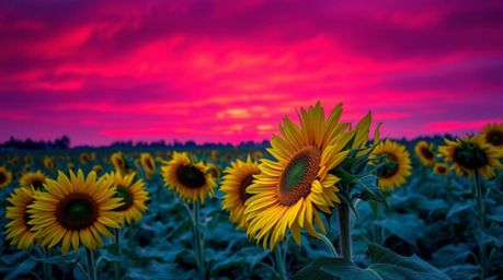 A stunning high-resolution stock photo depicts a vibrant sunflower field bathed in the dramatic light of a deep red and purpl