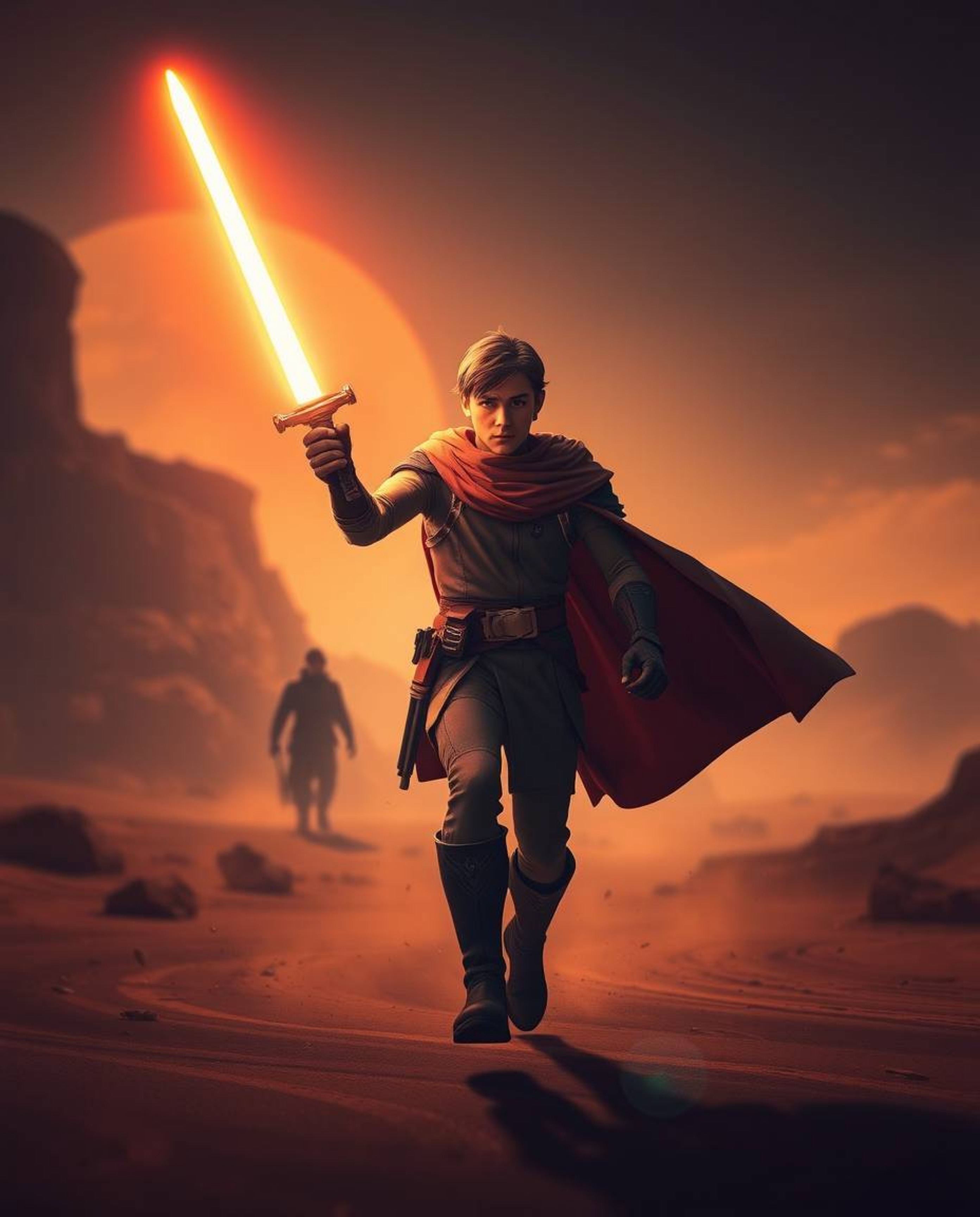 Embark on a grand and epic futuristic desert adventure, reminiscent of classic Disney tales, featuring a brave hero battling 