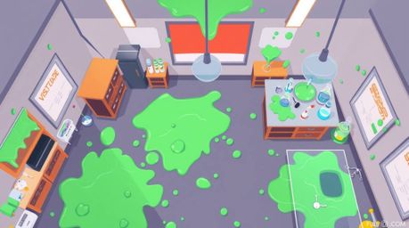 Explore a slime-covered science lab depicted in a modern flat design, showcasing a unique overhead bird's-eye view.  This ill