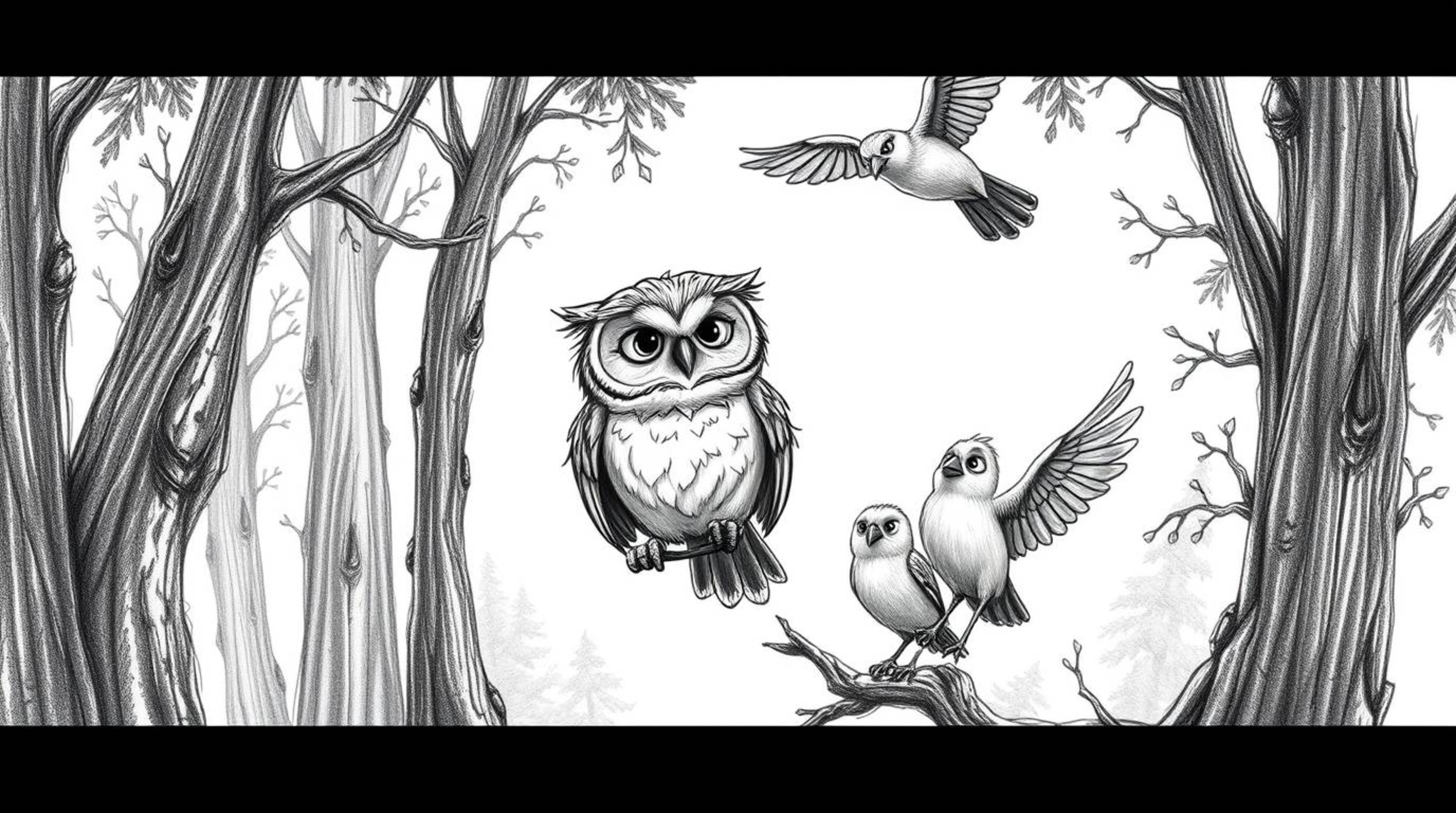 A whimsical Pixar-style hand-drawn sketch depicts a wise-looking blind owl patiently instructing a flock of birds on the art 