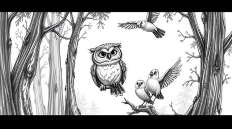A whimsical Pixar-style hand-drawn sketch depicts a wise-looking blind owl patiently instructing a flock of birds on the art 