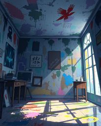 This artwork captures a vibrant and chaotic scene inspired by Isekai anime aesthetics. Imagine a room exploding with paint, r