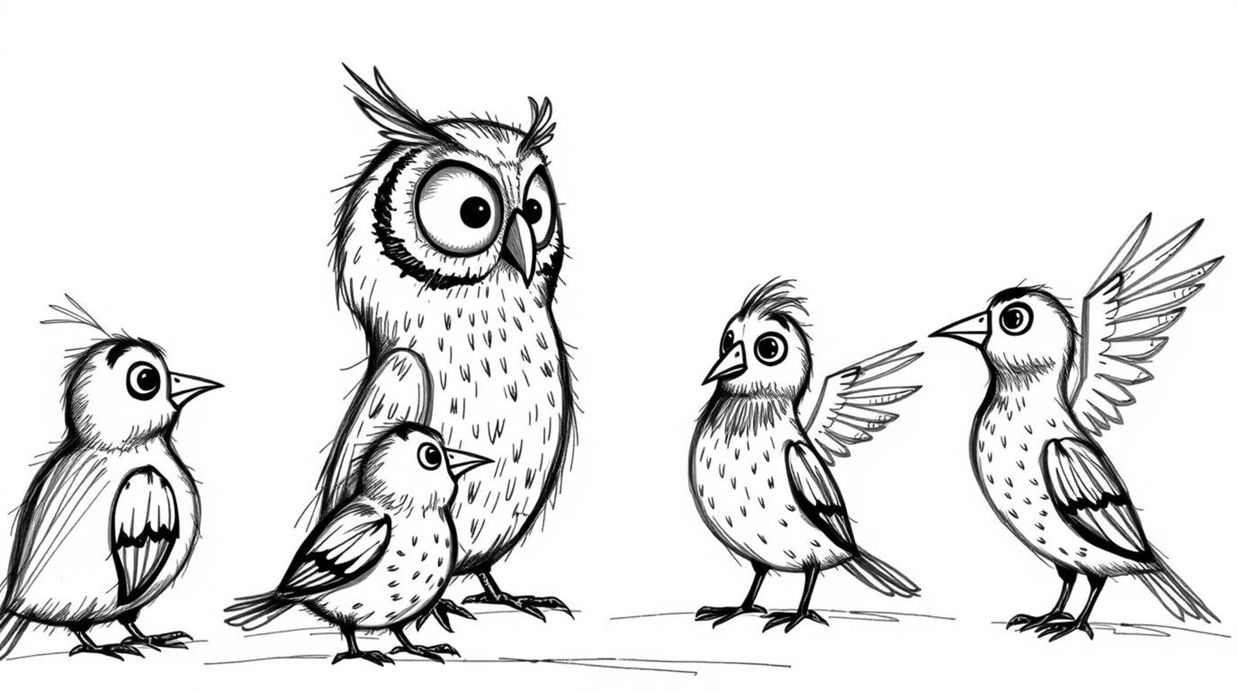 A heartwarming illustration depicts a blind owl, rendered in a charming, textured hand-drawn style akin to Pixar, guiding a g