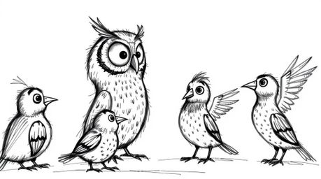 A heartwarming illustration depicts a blind owl, rendered in a charming, textured hand-drawn style akin to Pixar, guiding a g