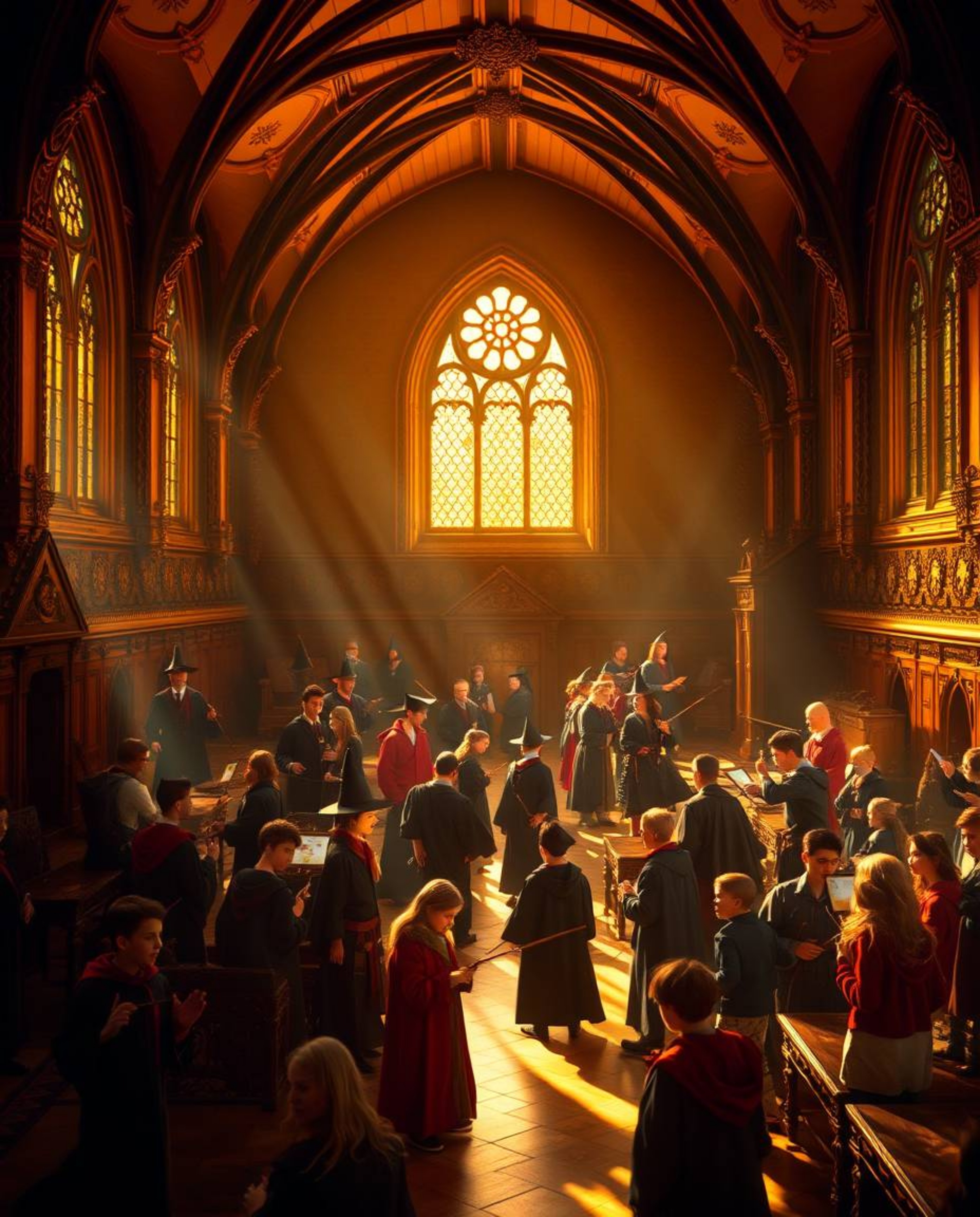 Discover a captivating magical school brimming with young wizards, bathed in warm golden light.  Experience a vibrant, luxuri