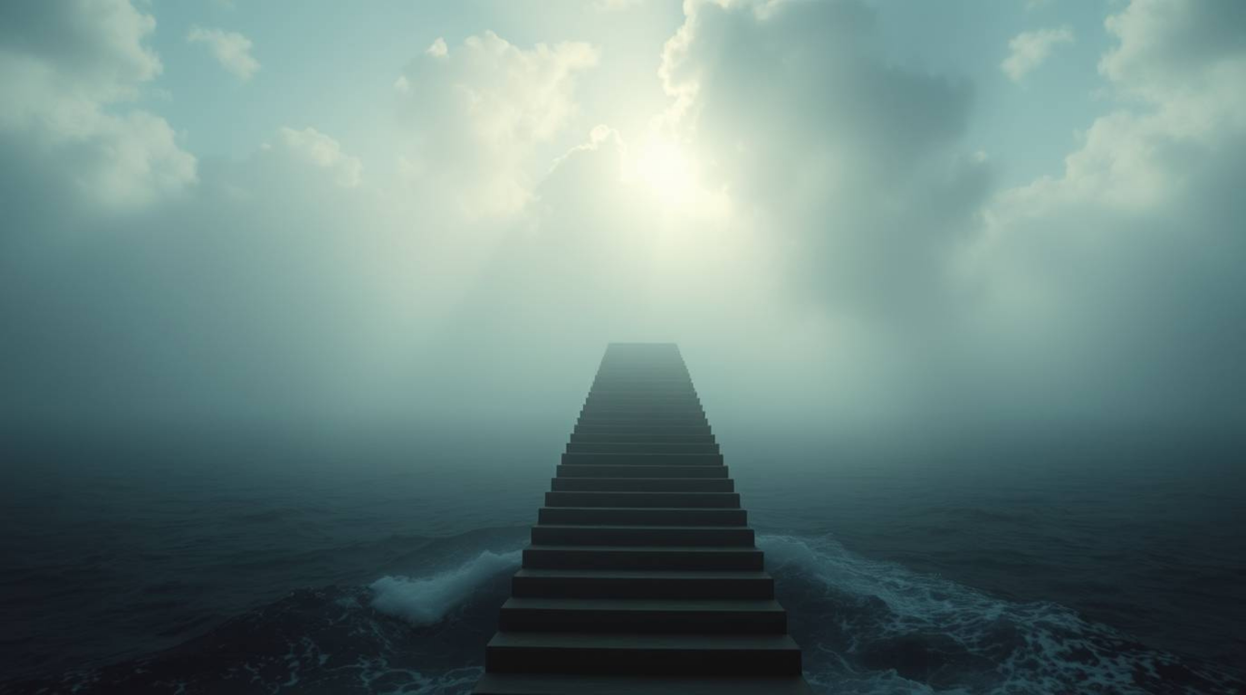 A captivating cinematic scene portrays a dramatic staircase ascending from the ocean into a stormy yet sunlit sky, creating a