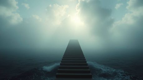 A captivating cinematic scene portrays a dramatic staircase ascending from the ocean into a stormy yet sunlit sky, creating a