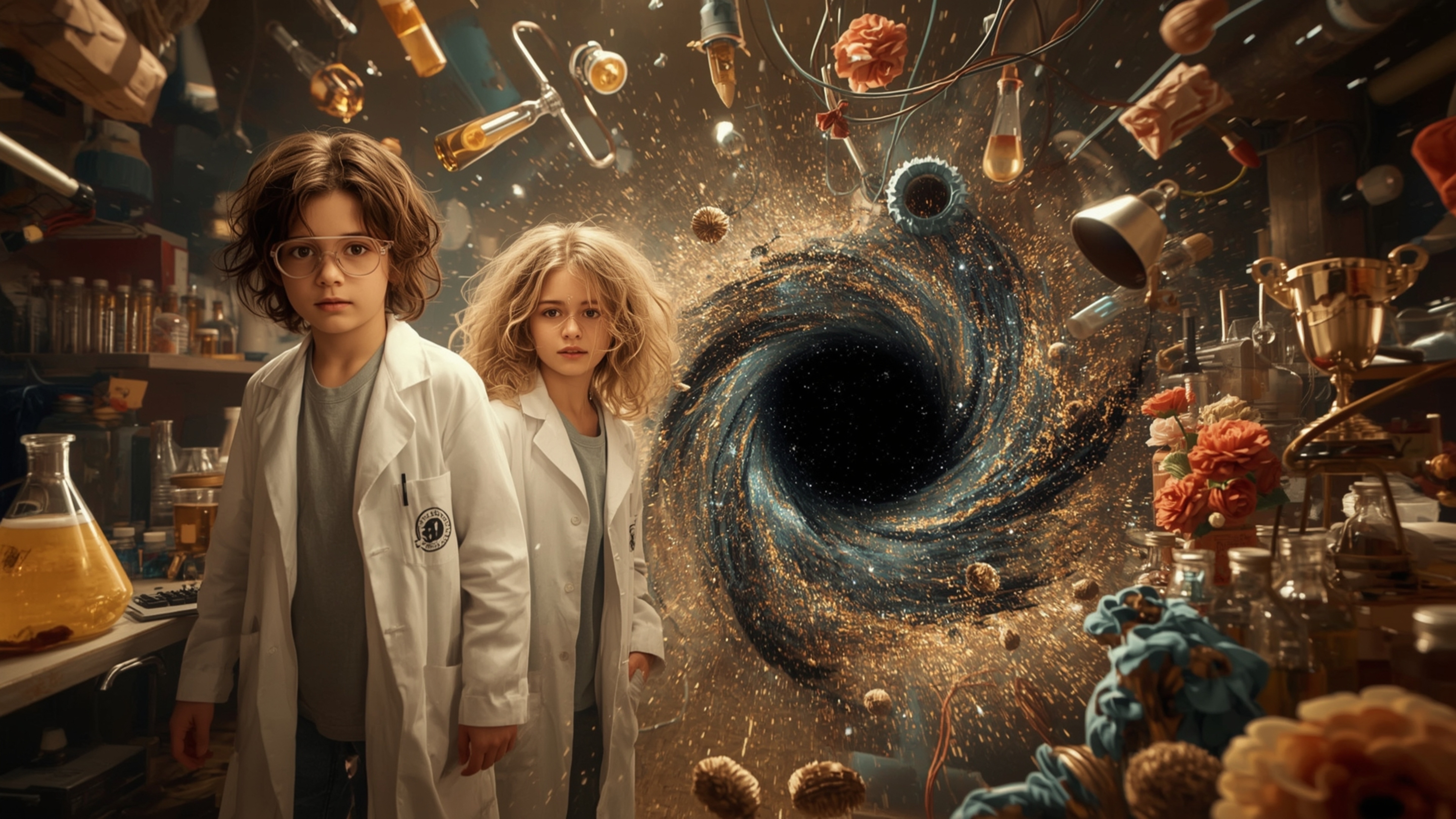 In a cinematic, warmly lit photograph rendered in a whimsical, Pixar-inspired style, a dynamic science fair duo—a boy with in