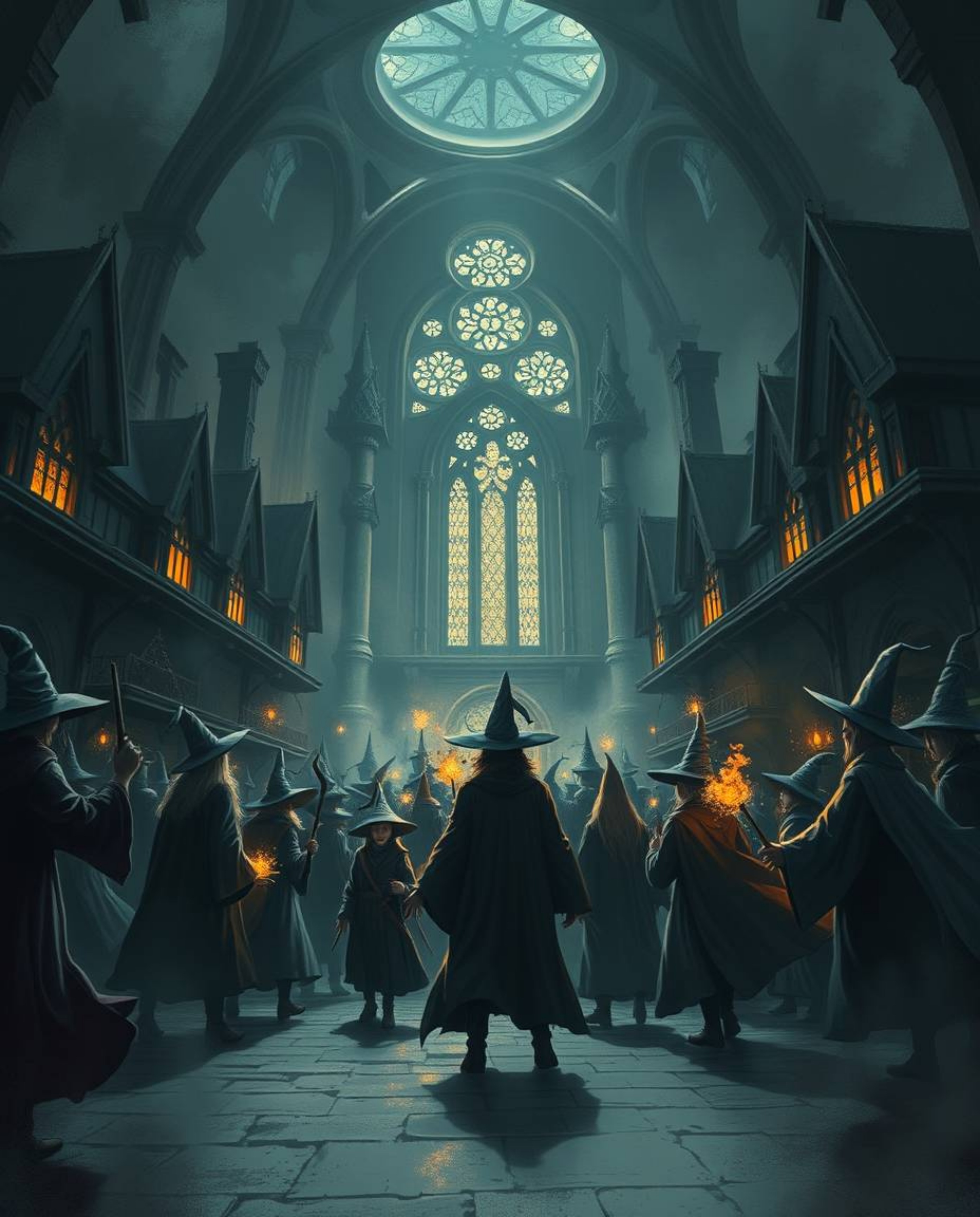 A captivating illustration showcases a grand magical school teeming with young wizards. Rendered in a strong, moody style wi