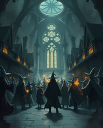 A captivating illustration showcases a grand magical school teeming with young wizards.  Rendered in a strong, moody style wi