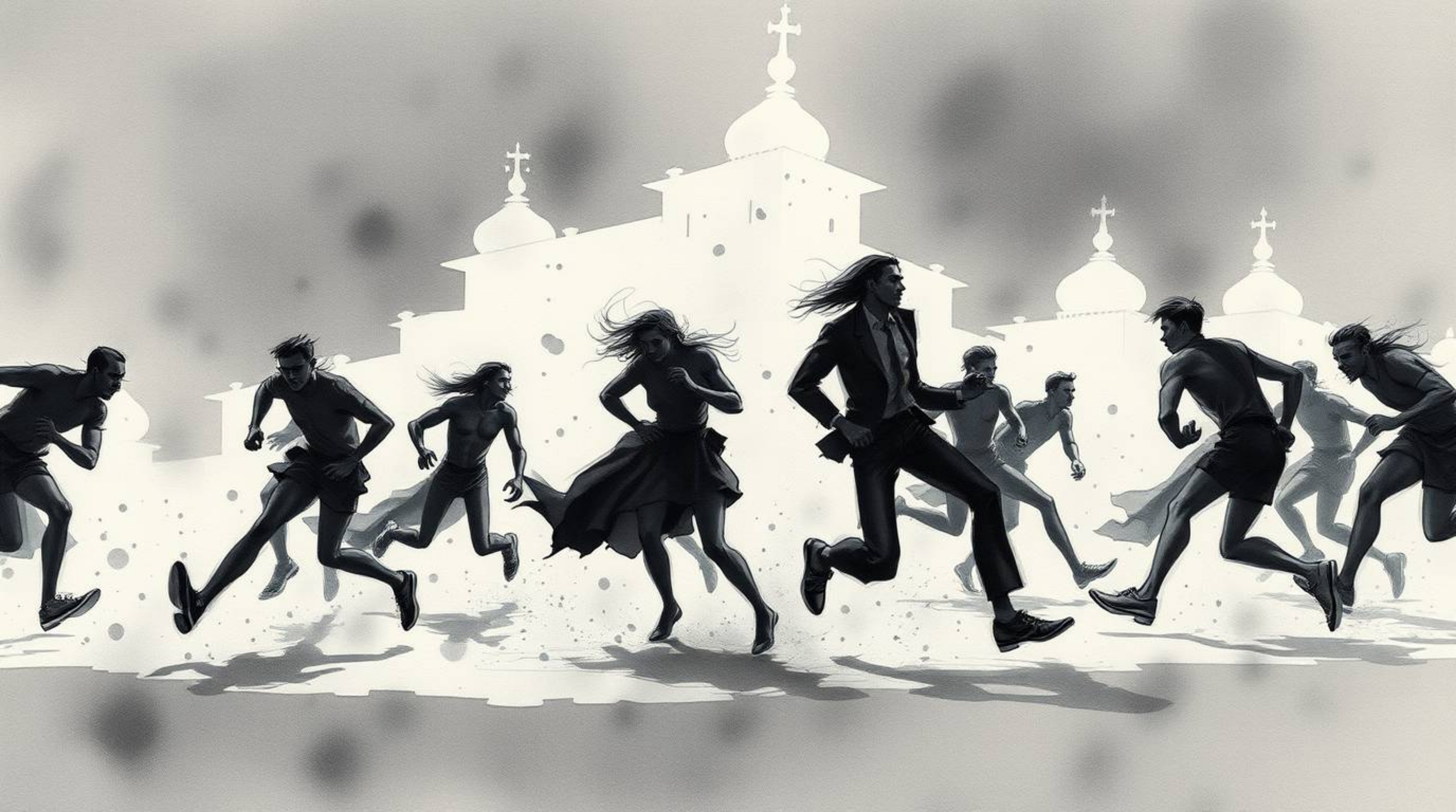 This artwork features a delicate watercolor painting depicting a dynamic chase scene. It utilizes exaggerated squash and stre