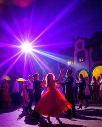 Experience a captivating musical number set in a brightly lit town square, rendered in deep ultraviolet hues accentuated by a
