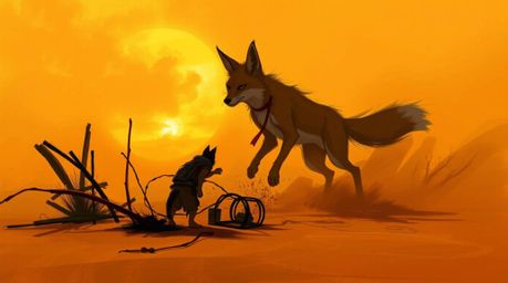 A dynamic digital sketch captures a coyote in the desert during the warm golden hour. The misty atmosphere and loose painterl