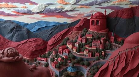 Discover a charming digital artwork depicting a cozy village nestled in a valley under a vibrant, colorful sky.  The piece fe