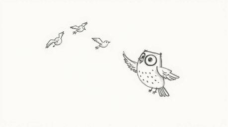 A charming hand-drawn sketch in the style of Pixar depicts a blind owl with soft features patiently teaching a flock of birds