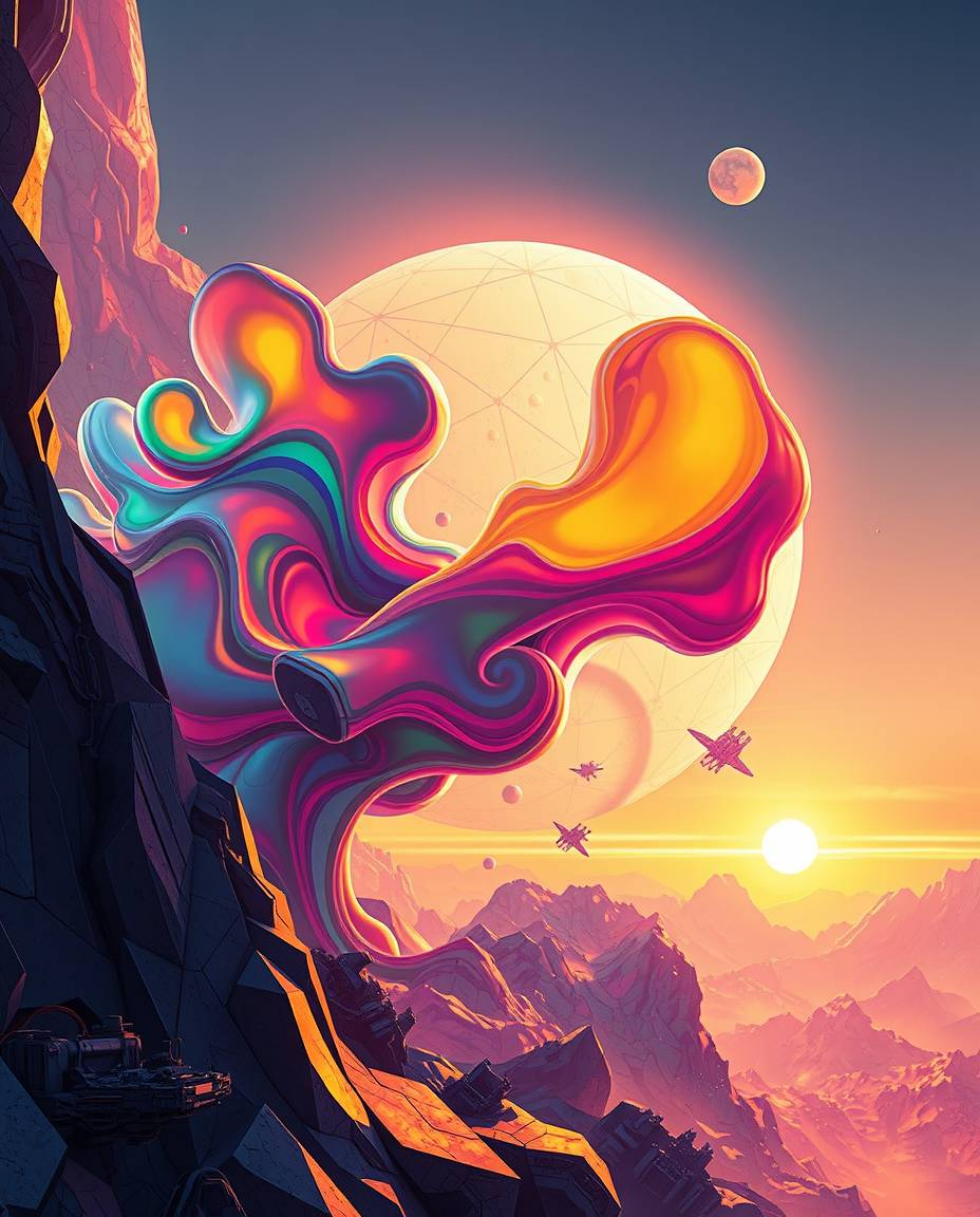 Immerse yourself in a futuristic sci-fi digital painting, bathed in the warm embrace of golden hour light. This abstract comp