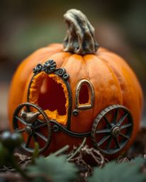 Witness the enchanting transformation of a small pumpkin into a magnificent carriage in this extreme macro close-up. The imag