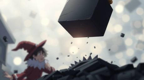 This image captures a whimsical isekai anime scene featuring a blurred bokeh effect and an anvil poised to fall on a mischiev