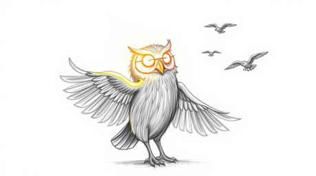 This whimsical hand-drawn sketch, reminiscent of Pixar's signature style, portrays a heartwarming scene of a blind owl with l