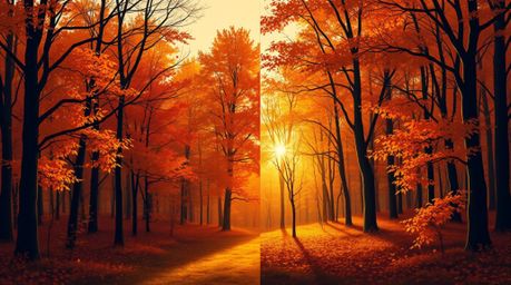 A stunning digital illustration depicting an autumn forest bathed in the warm glow of the setting sun. The artwork features a
