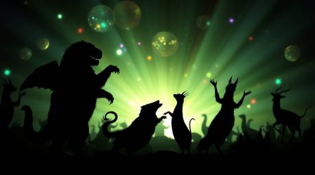 Witness a mesmerizing spectacle of silhouetted animals grooving to the rhythm of disco lights.  The backlighting creates a dr