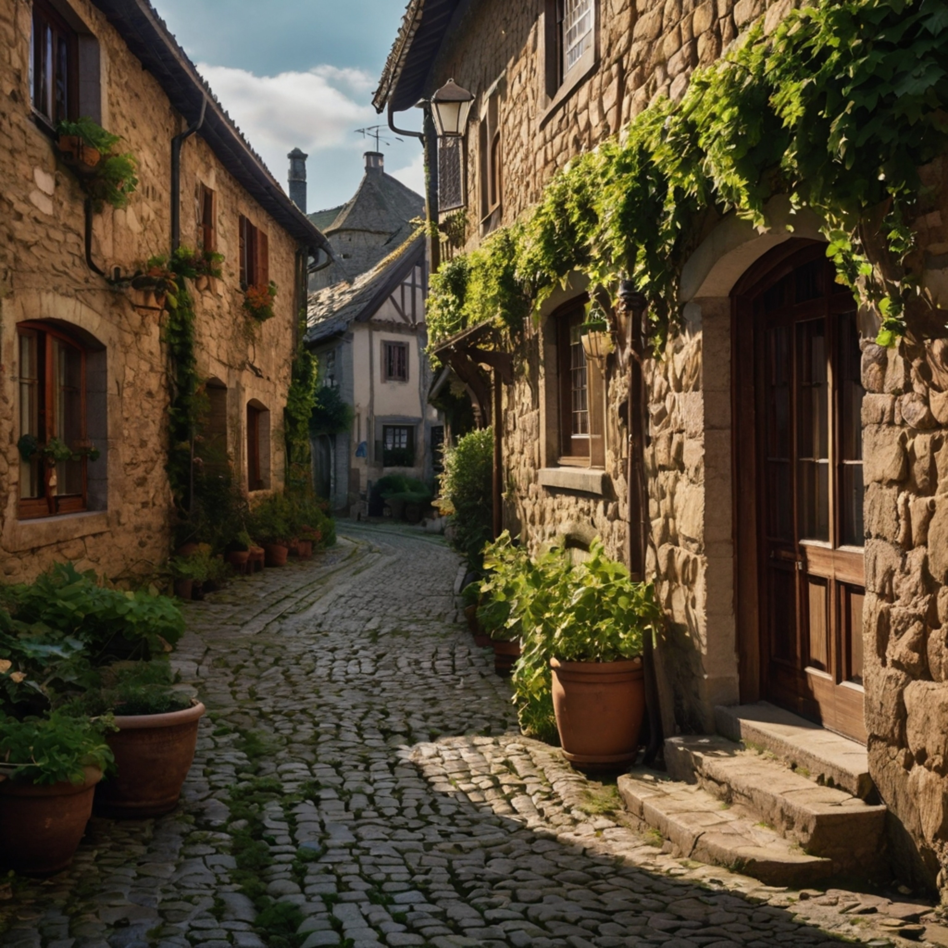 Capture the charm of a bygone era with a winding cobblestone street nestled in a medieval village. Picture quaint, ivy-covere