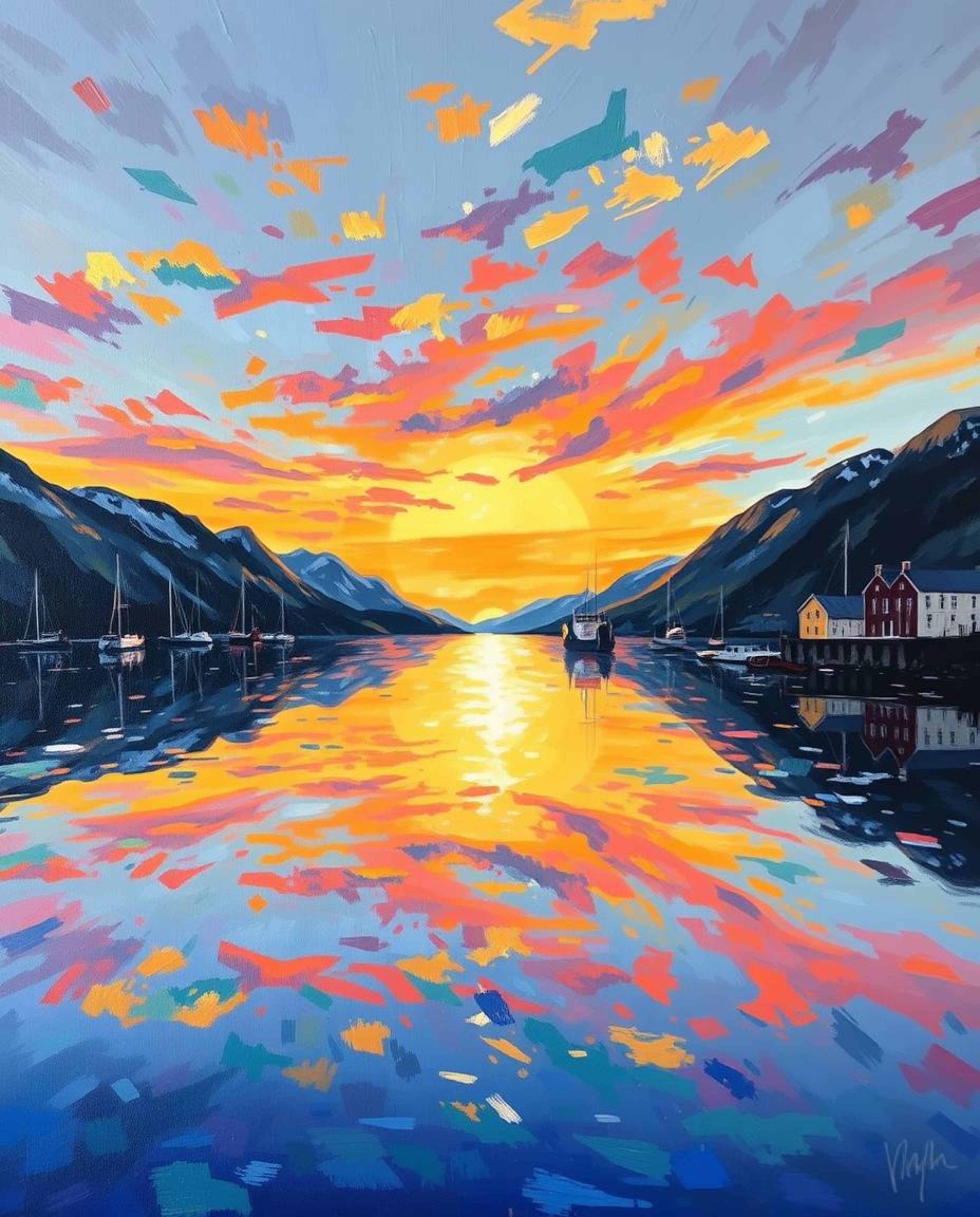 In a classic oil painting style, this artwork captures the reflection of a sunset in a glassy fjord. The piece is characteriz