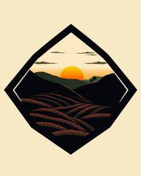 An eerie and creepy geometric logo depicting a sunset over terraced tea plantations. The design combines clean lines, balance