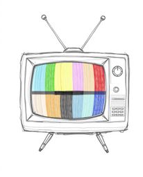 A detailed hand-drawn sketch showcases an extreme close-up of a retro-style TV screen displaying RGB separated glitch static.