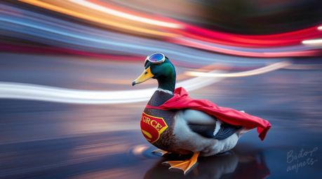 Explore the whimsical world of long exposure photography with a duck donning a zany superhero costume. This image captures th