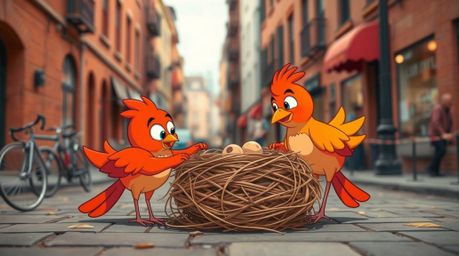 This is a warm and candid street photograph capturing two cartoon birds diligently building a nest in a classic animation sty