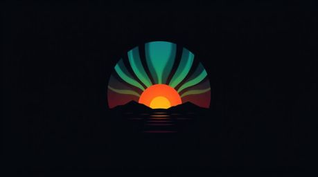 A minimalist geometric logo design featuring the Northern Lights emerging over a vibrant sunset.  Clean lines and balanced sy