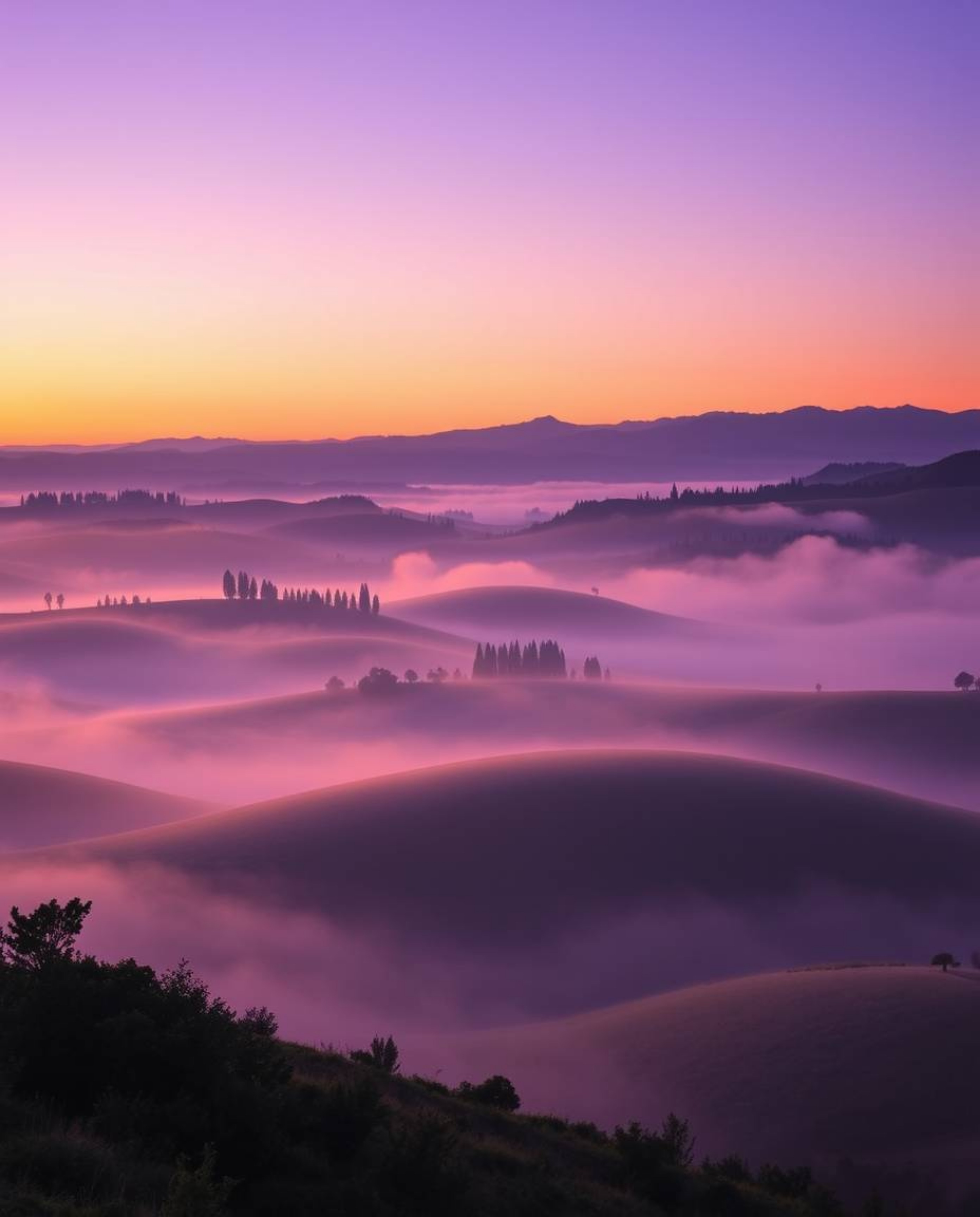 A sunset over misty rolling hills in Tuscany depicted with deep ultraviolet hues, showcasing a graceful and elegant scene wit