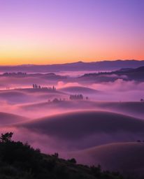 A sunset over misty rolling hills in Tuscany depicted with deep ultraviolet hues, showcasing a graceful and elegant scene wit