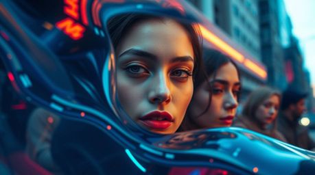 Discover stunning digital art showcasing a candid street photography style. Elegant neon gradient textures flow across a liq
