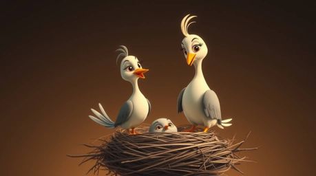 Discover stunning fine art photography of two elegant cartoon birds meticulously building a nest. This image, in the style o