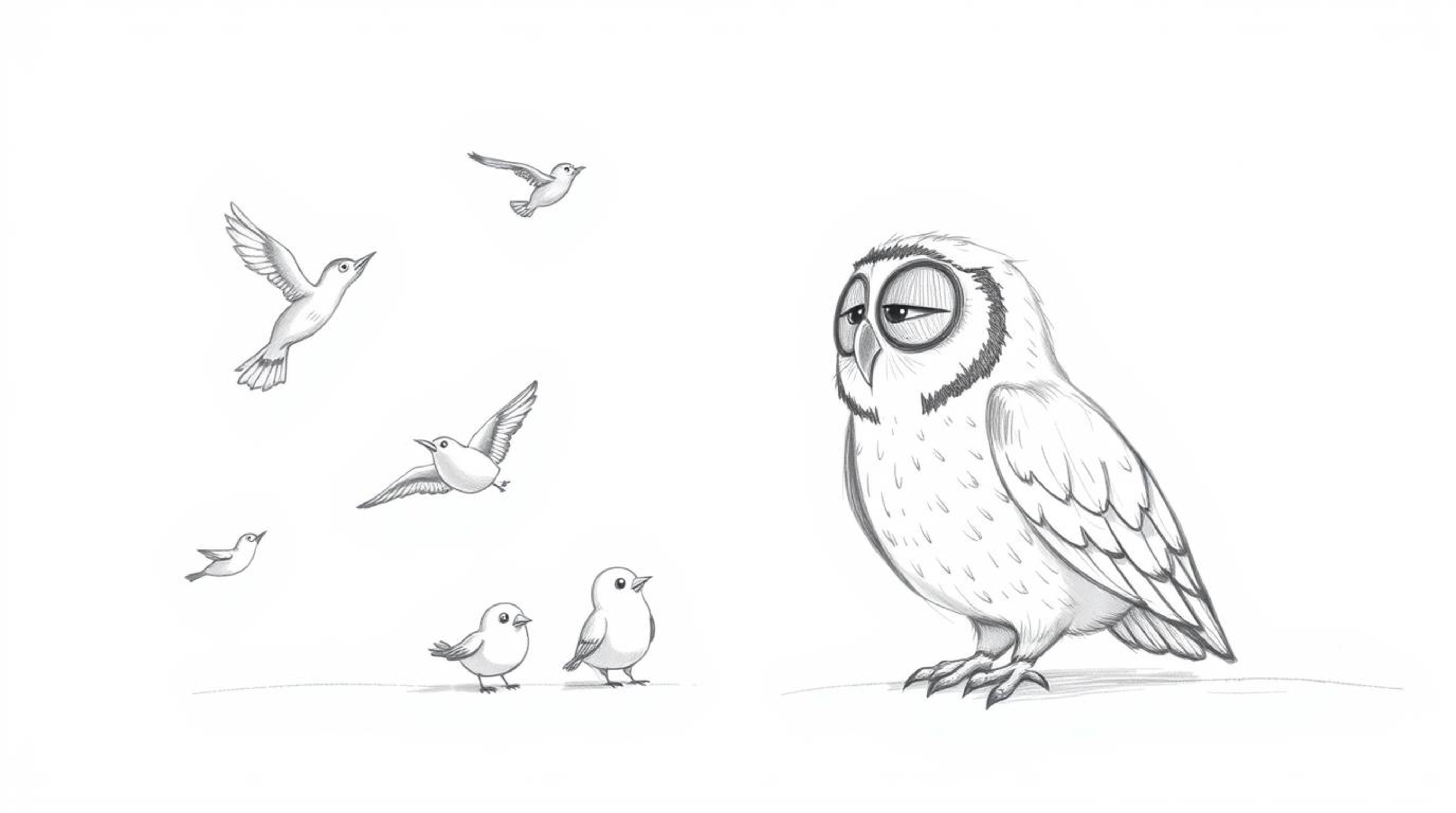 A heartwarming hand-drawn sketch depicts a blind owl in Pixar's animation style, radiating joy as he watches his students, a 