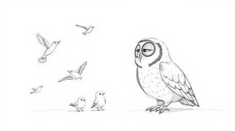 A heartwarming hand-drawn sketch depicts a blind owl in Pixar's animation style, radiating joy as he watches his students, a 